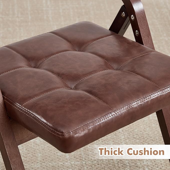 2-Pack Folding Dining Chairs with Cushion,Faux Leather Padded Foldable Dining Chairs,Portable Wooden Folding Chairs for Dining Rooms Kitchen Wedding and Party Indoor Brown