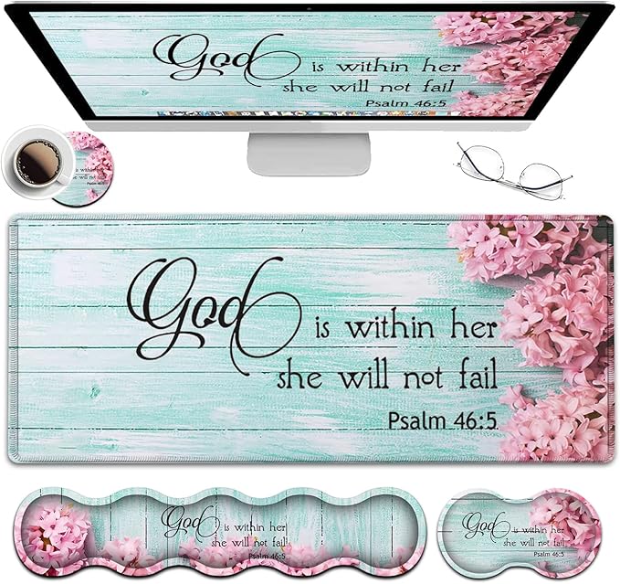 Mouse Pad Set, Large Gaming Mouse Pad + Keyboard Wrist Rest Support + Mouse Wrist Cushion + Coaster, Non-Slip Rubber Base, 31.5 x 11.8 in Extended Desk Mat for Office, Psalm 46-5 Pink Hyacinth