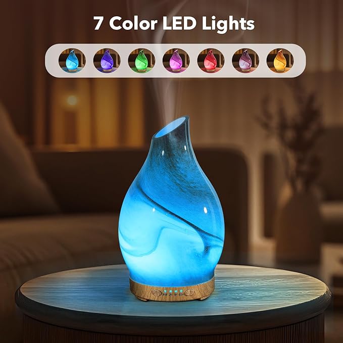 Essential Oil Diffuser, 120 ml Glass Aromatherapy Diffuser with 7 Color Lights, Auto Shut-Off and 4 Timer Settings, Ultrasonic Cool Mist Diffuser for Home Room Office (Dessert)