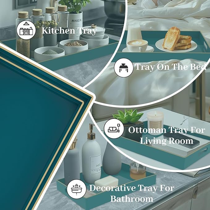 MAONAME Green Serving Tray Set of 2, Plastic Decorative Tray with Handles, Rectangular Coffee Table Trays for Ottoman, Nesting Trays for Living Room, Bedroom