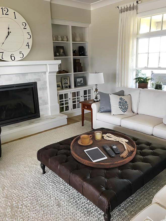 Extra Large Round Ottoman Table Tray Round-24 - Rustic Wooden Serving Tray for Farmhouse Decorative Oversized Coffee Table Trays Living Room Kitchen Counter Breakfast Brown