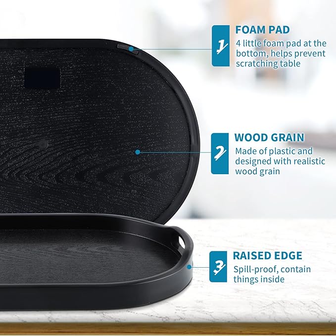 MDLUU Plastic Serving Tray, 14.8-Inch Long Ottoman Tray with Cutout Handles, Oval Butler Tray for Breakfast in Bed, Coffee Table Decor, Party (Small)