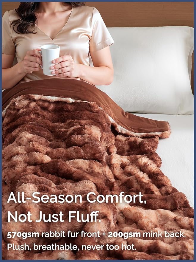 Fluffy Blanket Throw Size - Faux Fur Throw for Couch or Bed - Plush Soft Extra Thick Faux Fur Rabbit Blanket - Comfy, Fuzzy, Warm & Breathable - Luxury Minky Tie Dye Bedding - 50" x 60", Marble Brown
