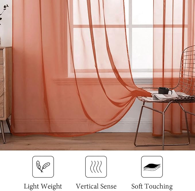 MIULEE 2 Panels Solid Color Sheer Window Curtains Elegant Window Voile Fall Panels/Drapes/Treatment for Bedroom Living Room (54X63 Inches Burnt Orange)