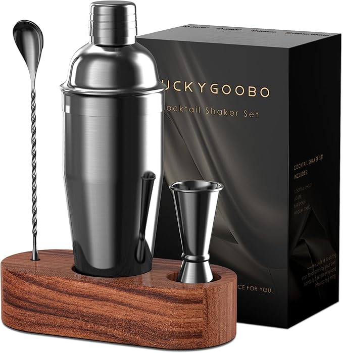 Cocktail Shaker Set,24 oz Martini Shaker,Bartender Kit with Stand,Stainless Steel Martini Mixer Built-in Strainer,Bar Tool Set,Drink Shaker,Fun Gifts. (Black)