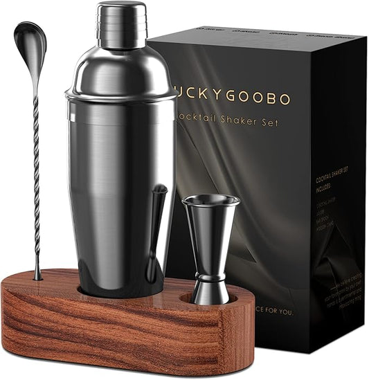 Cocktail Shaker Set,24 oz Martini Shaker,Bartender Kit with Stand,Stainless Steel Martini Mixer Built-in Strainer,Bar Tool Set,Drink Shaker,Fun Gifts. (Black)