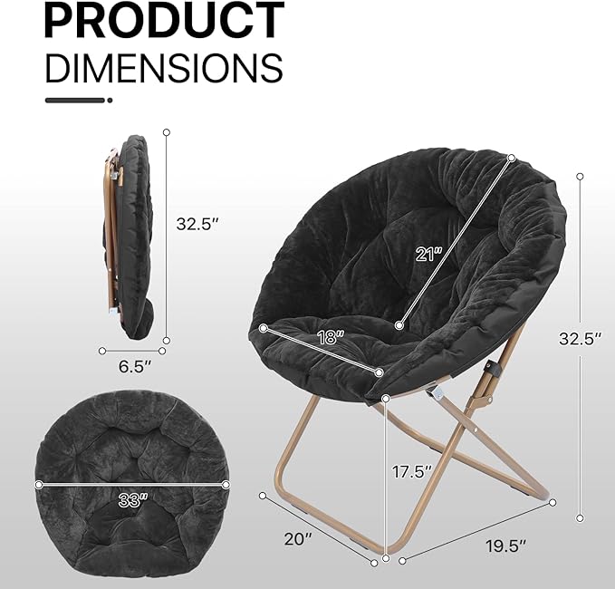 Athena Collection Comfy Saucer Chair Folding Cozy Chair for Bed Room Living Room Accent Chair Faux Fur Reading Chair Foldable Metal Frame Lazy Chair Moon Chair for Adult, Black