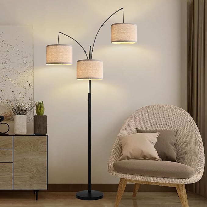 Dimmable Floor Lamp - 3 Lights Arc Floor Lamps for Living Room, 1000LM Modern Tall Standing Lamp With Beige Shades & Heavy Base, Mid Century Tree Floor Lamp for Bedroom Office, 3 LED Bulbs Included