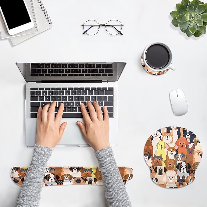 Britimes Ergonomic Mouse Pad Set with Wrist Rest Colorful Doodle Dogs Non-Slip Rubber Base Wrist Cushion Support and Coasters Mousepad with Wrist Support for Computer Keyboard and Desk