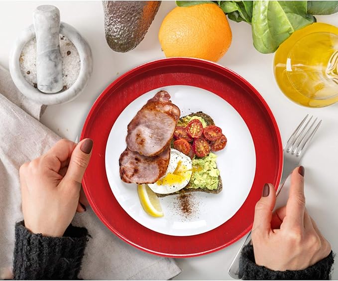 Round Solid Wood Serving Tray, Non-Slip Tea Coffee Snack Plate Food Meals Serving Tray with Raised Edges for Home Kitchen Restaurant(9.5inch,Red)