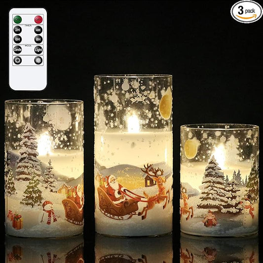 DRomance Santa Claus Glass Flameless Candles Battery Operated Remote and Timer Real Wax LED Flickering Pillar Candles White Cold Light Window Christmas Holiday Decor D3 x H4, 5", 6"