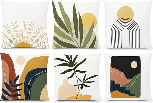 COMMINY Abstract Boho Pillow Covers 16x16 Set of 6 Decorative Sunset Leaves Throw Pillow Cover for Couch Minimalist Modern Pillow Case for Living Room Sofa Home Decor