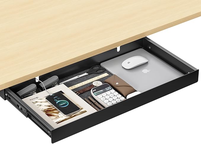 20.1 inch Under Desk Drawer, Pull-Out Storage Organizer with Full Extension Ball-Bearing Slides, Carbon Steel Undermount Drawer for Home Office Standing Desk, Black