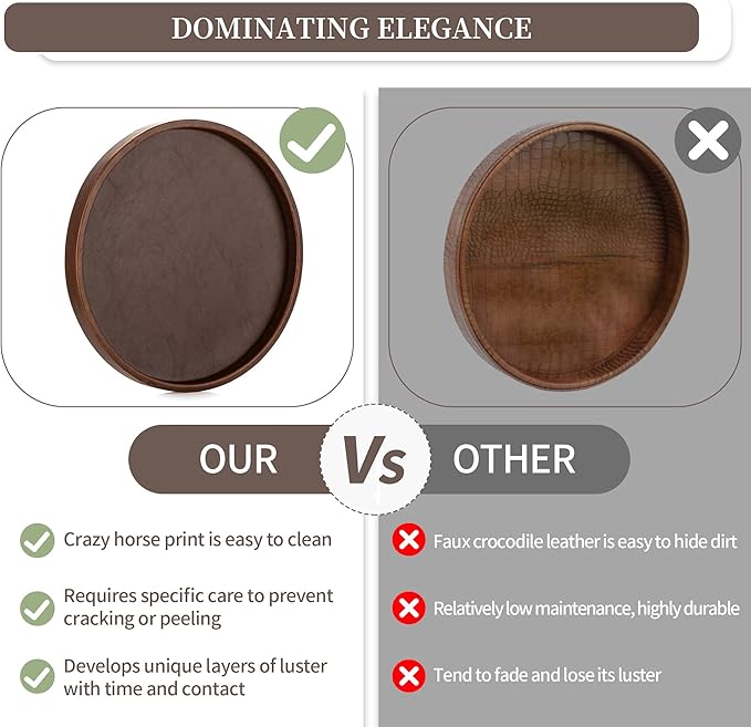 Hanobe Decorative Tray Round Serving: Faux Leather Coffee Table Trays Decor 12 inch Small Brown Circle for Bar Ottoman Party Modern Home Kitchen Counter Centerpiece