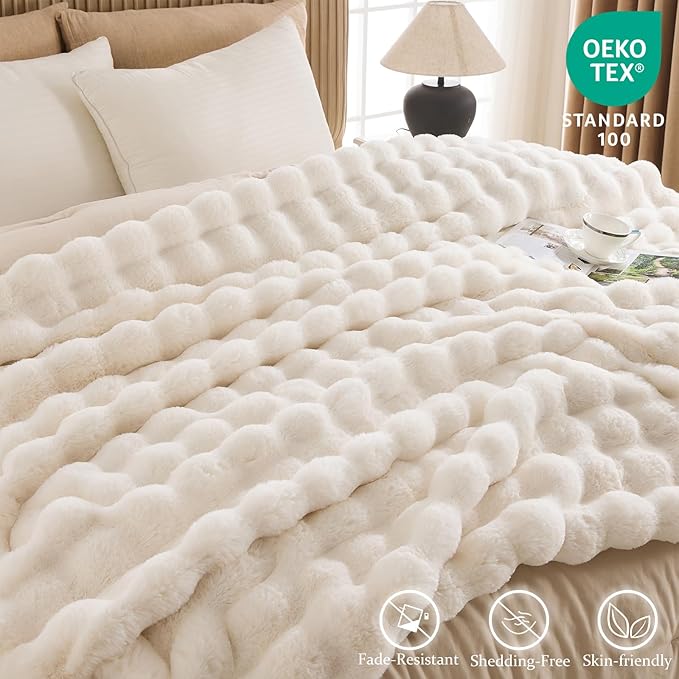 Cozy Faux Fur Throw Blanket for Couch-Warm Fuzzy Throw Blanket, Soft Plush Thick Bubble Blankets for Bedroom and Living Room, Furry Luxury Blanket, 50 x 60, Cream