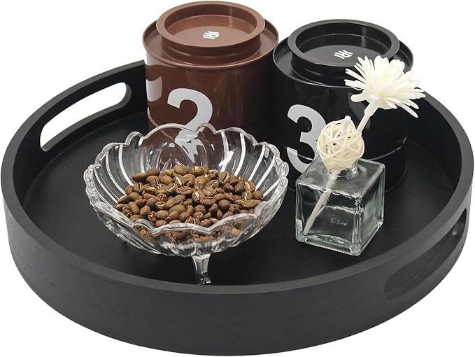 Round Decorative Tray,Wooden Serving Tray with Handles, 11.8in Black Decorative Trays for Coffee Table,Kitchen Counter,bandejas decorativas