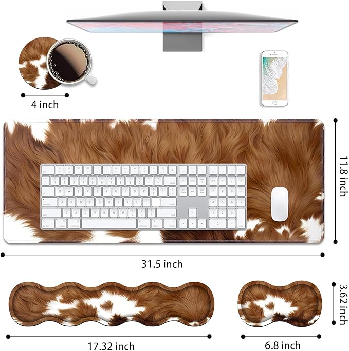 4 in 1 Ergonomic Keyboard Wrist Rest & Mouse Pad Wrist Rest Set, Large XXL Gaming Desk Mat 31.5"x 11.8" with Non-Slip Base, Memory Foam for Home Office Study Gaming, Brown Cow Print