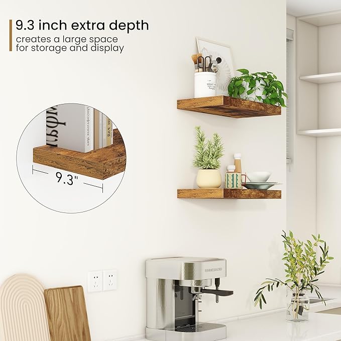 Deep Floating Shelves - 16" W x 9" D x 1.6" H Rustic Brown Wall Shelf - Wall Mounted Shelves for Decor & Storage - Wooden Shelves with Invisible Brackets for Living Room, Kitchen - Set of 2