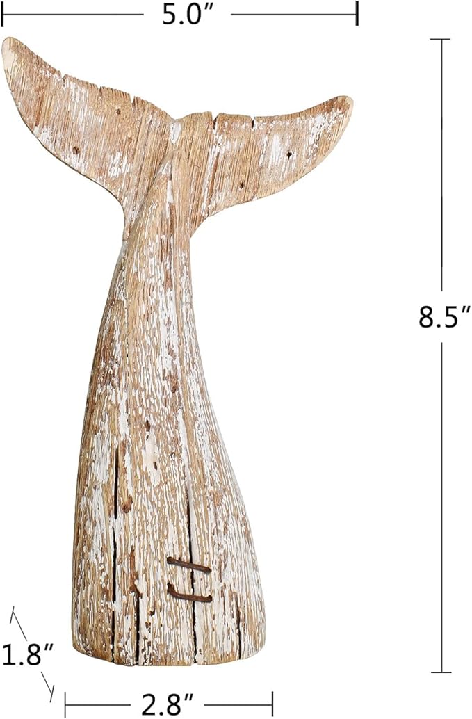 Aecipl Nautical Home Decor Wood Whale Tail Tabletop Statue Decorative Rustic Sculpture Ocean Beach Coastal Themed Figurine Whale Ornament Bathroom Shelf Decoration (8.5" H)