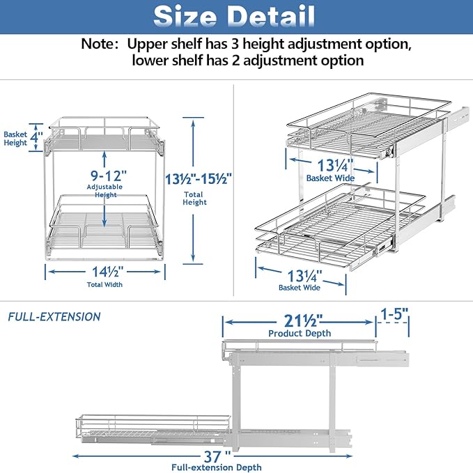 ROOMTEC Individual Pull Out Cabinet Organizer (14½" W x 21½" D), 2 Tier Spice Rack Organizer for Cabinet, Slide Out Drawer Pantry Shelf Organization and Storage for Kitchen Bathroom