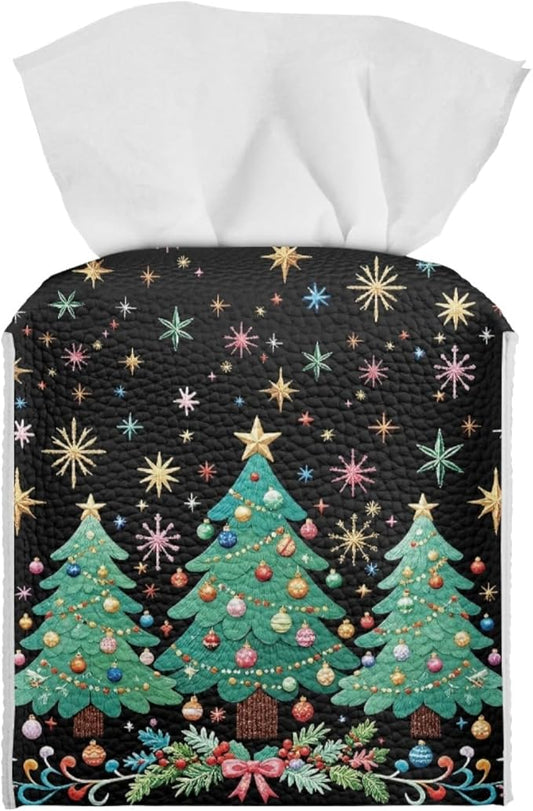 Christmas Tree Tissue Box Cover Square PU Leather Tissue Case Facial Paper Organizer Dispenser Aesthetic Modern Home Decorative for Bedroom Bathroom Kitchen Living Room, 5.1''x5.1''