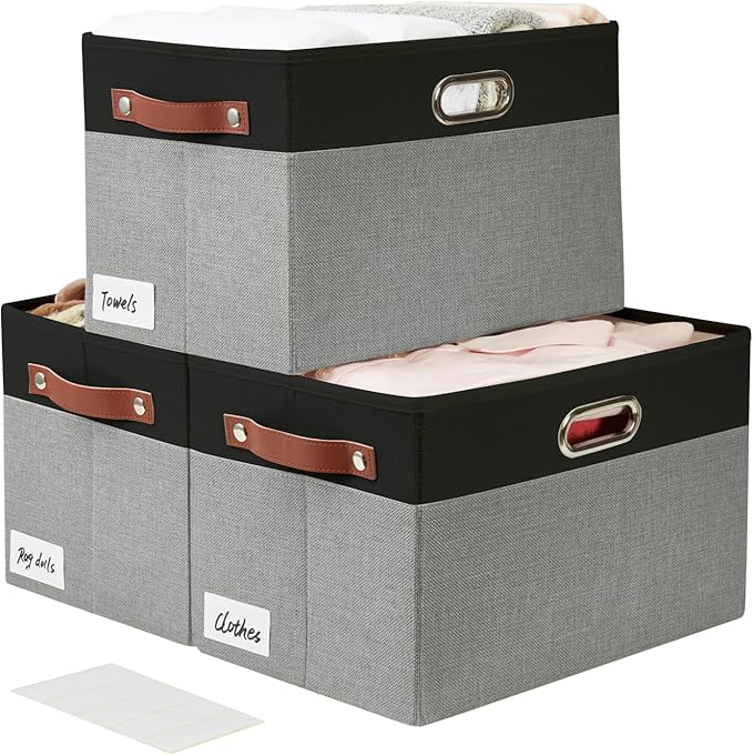 Large Collapsible Fabric Storage Bins with 3 Handles, Foldable Organizer Baskets for Closet, Shelves, Living Room | 3 Pack, Durable PU & Metal Handles (14.9"x9.8"x9.8", Black & Gray)