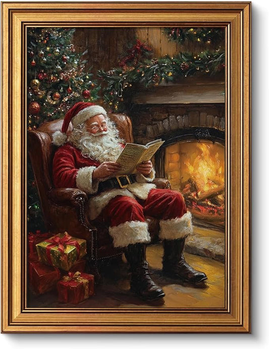 VIYYIEA Vintage Gold Framed Wall Art for Living Room, Christmas Canvas Prints Home Decor, Oil Painting Picture, Bedroom Wall Decor Gifts for Friends or Family -【Santa Claus Reading 】-(16L x 12W)