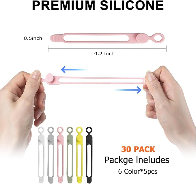 30Pcs Nearockle Silicone Cable Ties for Bundling Earphone, Phone Charger, Computer Cords, Reusable Cord Organizer Cable Management in Home,Office,Kitchen,School (6 Colors)