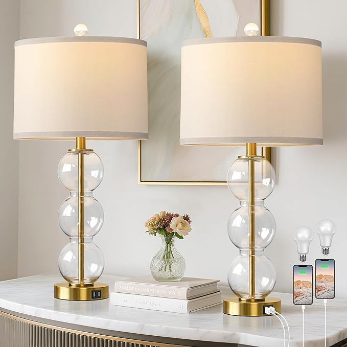Set of 2 Table Lamps for Living Room Glass Triple-Sphere 27" Tall Table Lamp Contemporary Bedside Desk Nightstand Lamp for Bedroom Living Room Office, Clear Glass/Gold