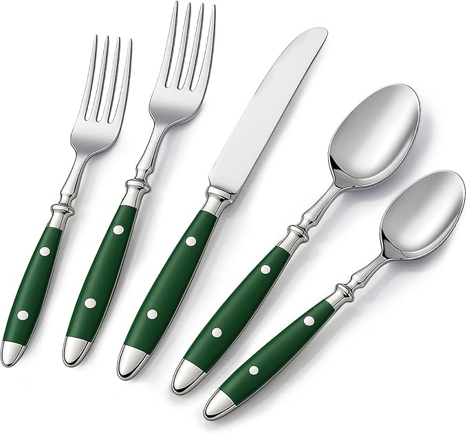 5-Piece Silverware Set, Stainless Steel Flatware Set, Service for 1, Vintage Cutlery Set with Green Bakelite Handle, Mirror Polished | Rustic | Dishwasher Safe