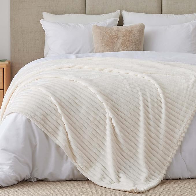 BEDELITE Blankets Queen Size for Bed, 300GSM Soft & Warm Fleece Blanket, Decorative and Giftable Striped Cream White Blankets for Women, Men, 90"x90"