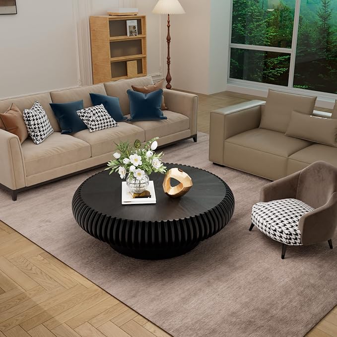 Fluted Drum Coffee Table Round Coffee Table for Living Room Mid Century Modern Coffee Tables with Sturdy Pedestal Circle Center Tea Table Accent Tea Table for Small Space Apartment (39.4inch Black)