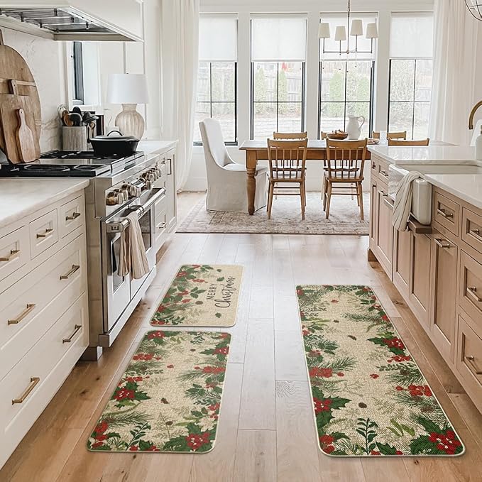 Artoid Mode Leaves Holly Merry Christmas Kitchen Mats Set of 2, Winter Home Decor Low-Profile Kitchen Rugs for Floor - 17"x29"+17"x36"+17"x47"