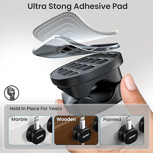 6 Pack Adhesive Cable Clips Black Spring Loaded Cord Holders for Nightstand, Desk, Wall, Car, or Bedside Ideal Charging Cable Organizer for Home or Office Setup