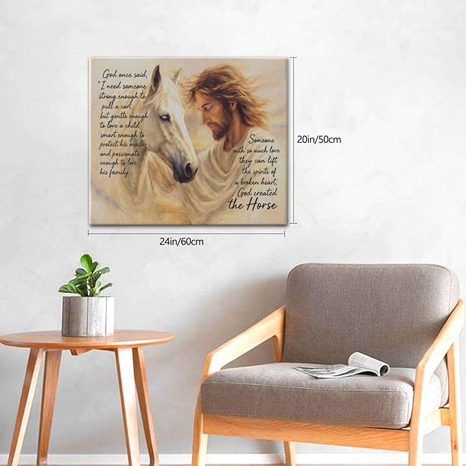 Horse Wall Art Christian Jesus Canvas Wall Decor Scripture Pictures Christ Paintings Prints Religious Bible verse Artwork Framed Decorations For Church Prayer Room Bathroom Bedroom Living Room Gifts 24" x 20"