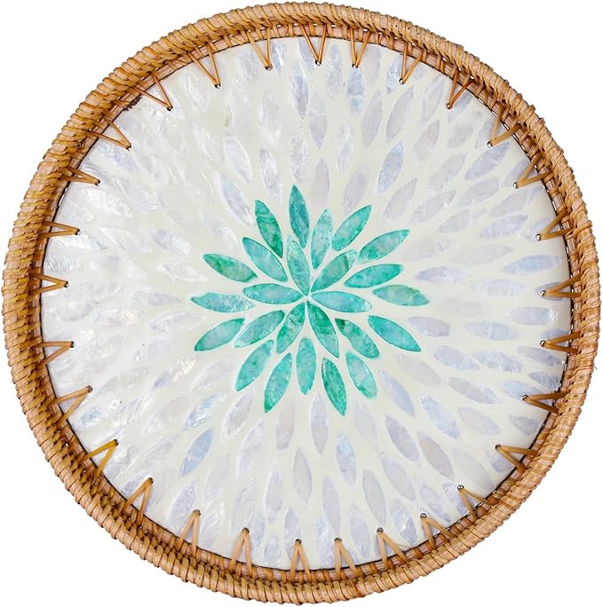 Rattan Serving Tray with Mother of Pearl, Round Coffee Table Tray Decor, Boho Decorative Round Hand-Woven Wicker Home Decor (Summer Green, 12 inch)