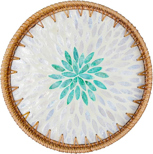 Rattan Serving Tray with Mother of Pearl, Round Coffee Table Tray Decor, Boho Decorative Round Hand-Woven Wicker Home Decor (Summer Green, 12 inch)
