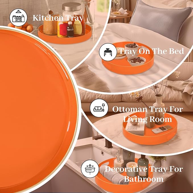 MAONAME 13" Round Tray, Orange Serving Tray with Handles, Modern Decorative Trays for Coffee Table, Plastic Ottoman Trays for Ottoman, Bathroom, Halloween Decor