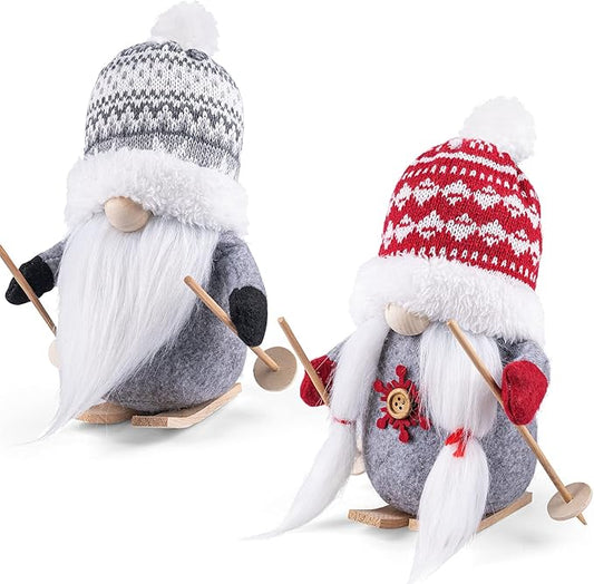 D-FantiX 2Pack Sled Christmas Gnomes Plush with Wood Skis and Ski Poles, Handmade Swedish Tomte Santa Scandinavian Figurine Nordic Plush Elf Doll Gnome Ornaments Christmas Decorations Home Decor