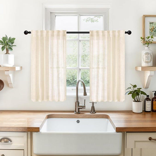 YoungsTex Linen Curtains 36 Inch Length for Kitchen Cafe, Light Filtering Half Window Drapes with Rod Pocket Back Tab for Small Window Over Sink, Champagne, 2 Panels, 34 X 36 Inch