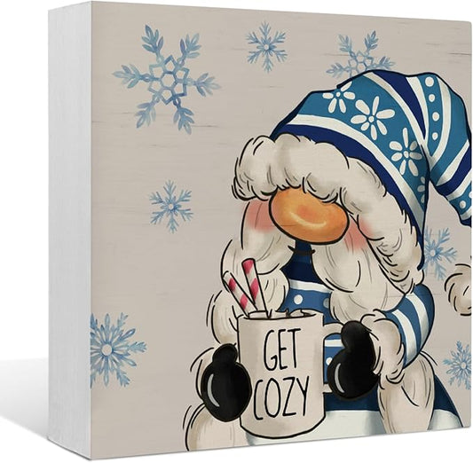 EIONEY Christmas Decorations,Blue Christmas Gnomes Get Cozy Wooden Box Sign,Seasonal Winter Holiday Decor for Home Bedroom Living Room Office,Winter Desk Accessories Decor,5x5 Inch