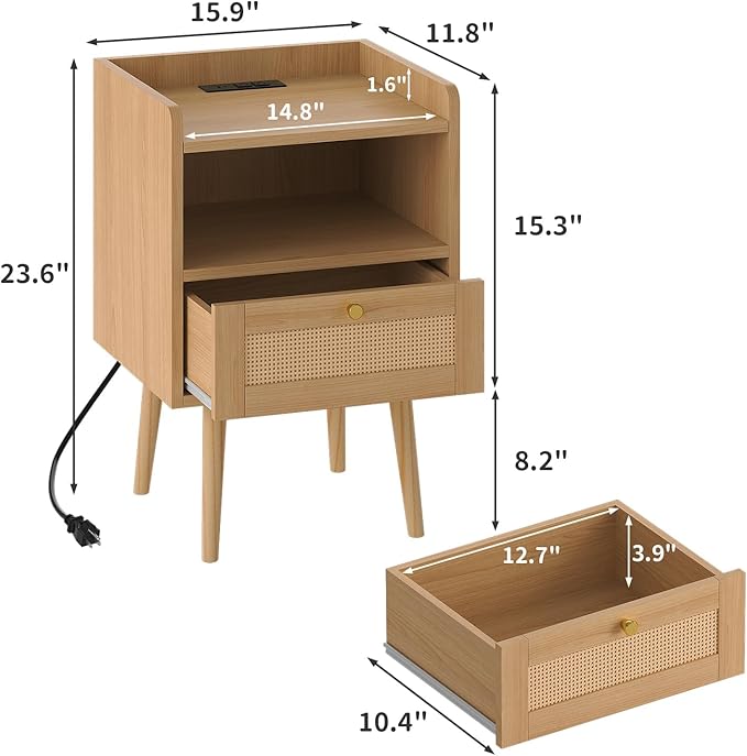 Night stand Set of 2, Bedside Tables with Charging Station, Rattan End Tables, Boho Bed Side Tables, Wood Nightstands set of 2 for Kids' Room Farmhouse Bedroom Living Room Dorm Sofa Couch (Natural)