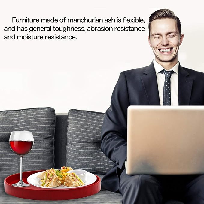 Round Solid Wood Serving Tray, Non-Slip Tea Coffee Snack Plate Food Meals Serving Tray with Raised Edges for Home Kitchen Restaurant(8.2inch,Red)