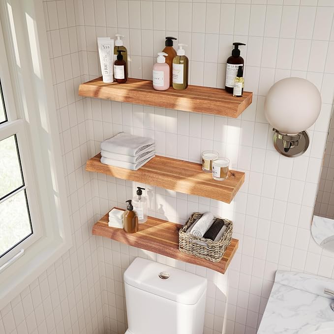 36" Acacia Live Edge Floating Shelves Set of 2 - Wall Mounted Wooden Shelf for Stylish Home Décor - Teak Look Color 36x7.5x1.5 Inches