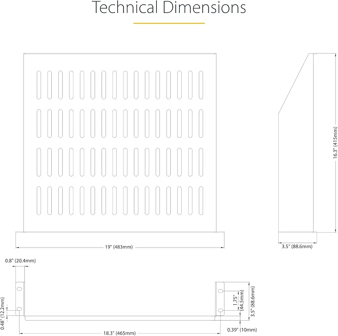 StarTech.com 2U Vented Server Rack Shelf, 16in/41.5cm Mounting Depth, for 19" Rack/Cabinet, SPCC Steel, Max 44lb/20kg
