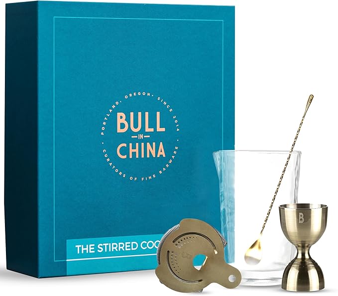 4 Piece Cocktail Kit by Bull In China - 100% Brass Premium Bartender Gift Set Includes Flagship Mixing Glass, 12 inch Barspoon, Bell Jigger & Hawthorne Strainer For Professional & Home Bars (Brass)