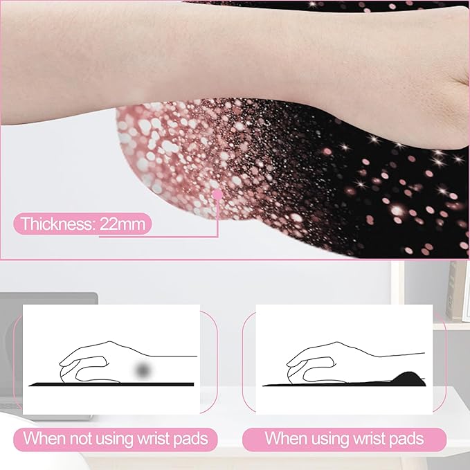 Rose Gold Glitter Mouse Pad with Wrist Rest and Keyboard Wrist Rest Set, Non-Slip Rubber Base Memory Foam Mouse Pad Set for Women, Office Desk Accessories, Gaming