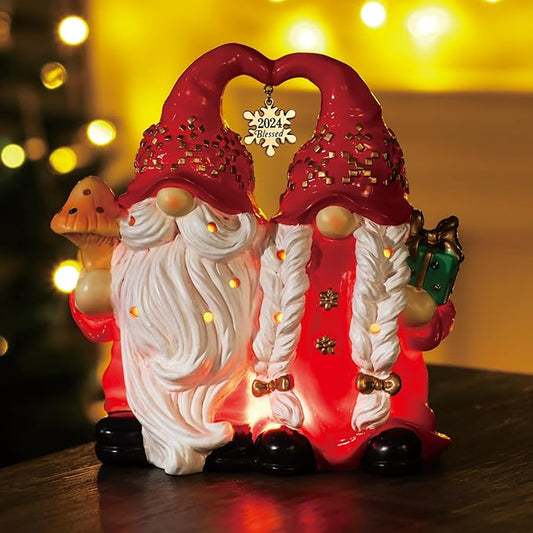 Christmas Decor Snowman Figurines Resin Lighted Indoor Ornaments Holiday Tree Festive Decorations Light Up New Year Gift Decoration for Table (Gnome Couple)