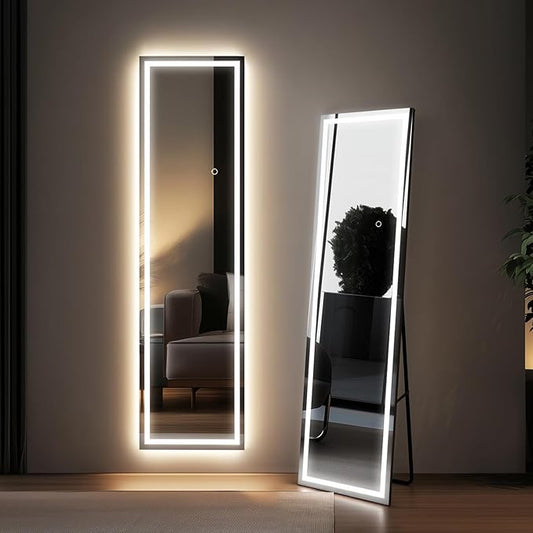 Kosmonia 60x16 Frameless Full Length Mirror, Dimmable 3 Color LED Light w/Memory Function, Distortion Free, HD Reflection & Anti Desilvering, Tempered Glass & Shatter Proof Film Doubling Safety