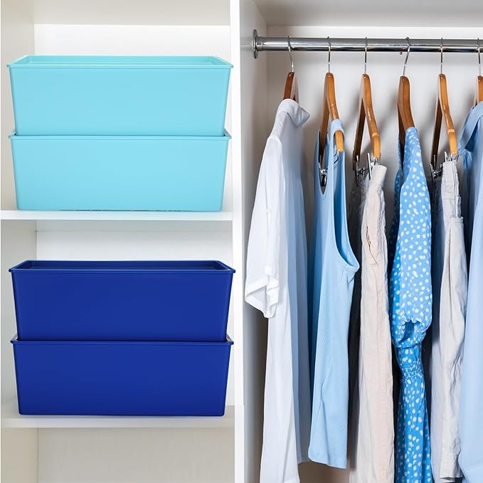 Menkxi 4 Pcs Storage Bins with Lids Plastic Containers Stackable Storage Box Baskets for Organizing Shelves(Dark Blue, Light Blue,Large)